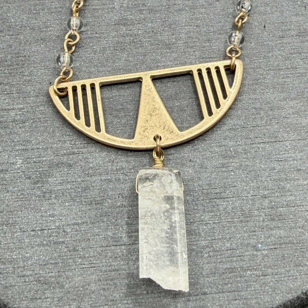 Clear Quartz Crystal Point Geometric Gold Tone Beaded Boho Pendant Necklace